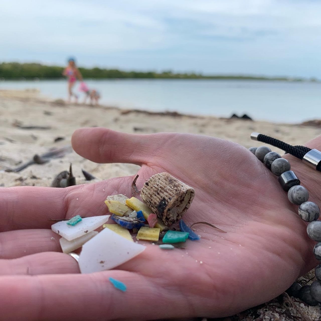 Hand holding microplastic debris collected from a beach